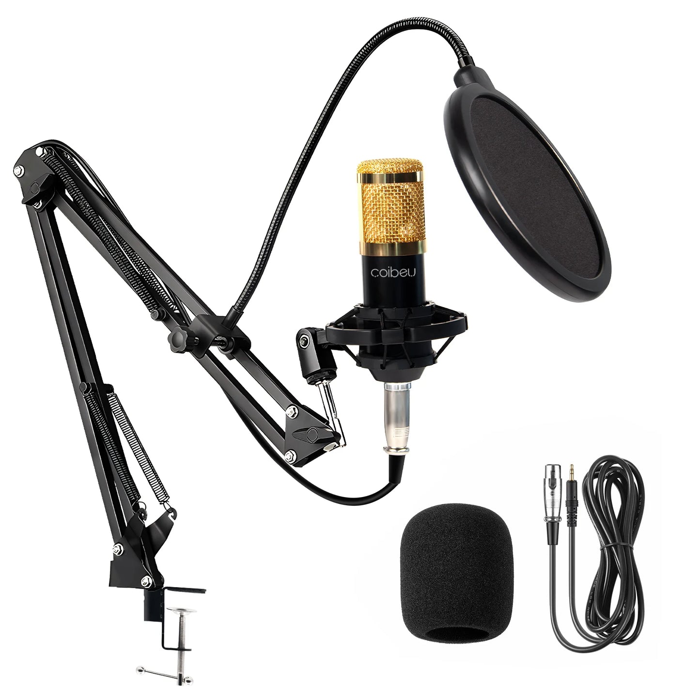 Kit Microfone Condensador com Placa de Som e Braço Articulado e Pop Filter para Transmissão ao Vivo | Elizium Store