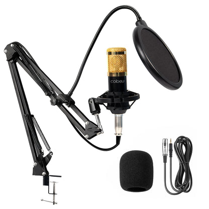 Kit Microfone Condensador com Placa de Som e Braço Articulado e Pop Filter para Transmissão ao Vivo | Elizium Store