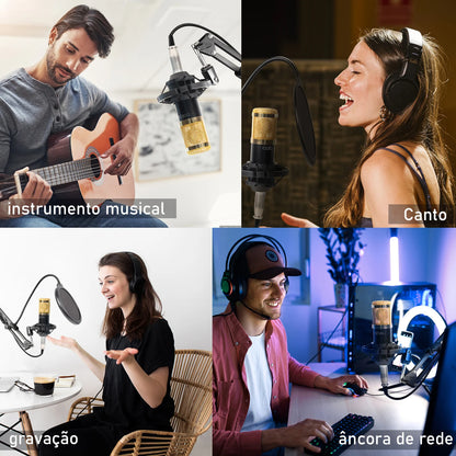 Kit Microfone Condensador com Placa de Som e Braço Articulado e Pop Filter para Transmissão ao Vivo | Elizium Store