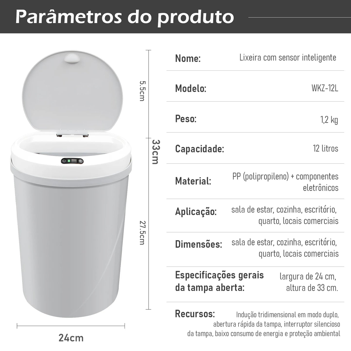 Lixeira Inteligente com Sensor Automático – Toque sem Contato, Ideal para Cozinha e Sala | Elizium Store