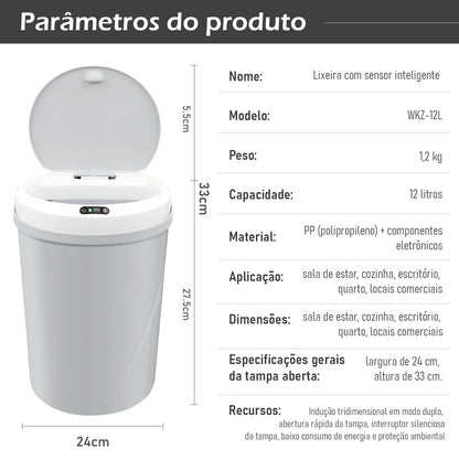 Lixeira Inteligente com Sensor Automático – Toque sem Contato, Ideal para Cozinha e Sala | Elizium Store